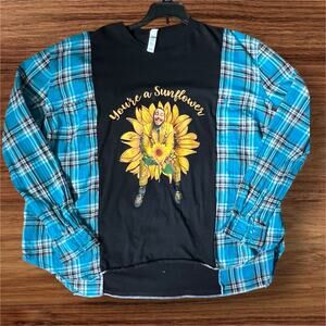 Post malone shirt, upcycled flannel tee combo, Sunflower, Sz Lg